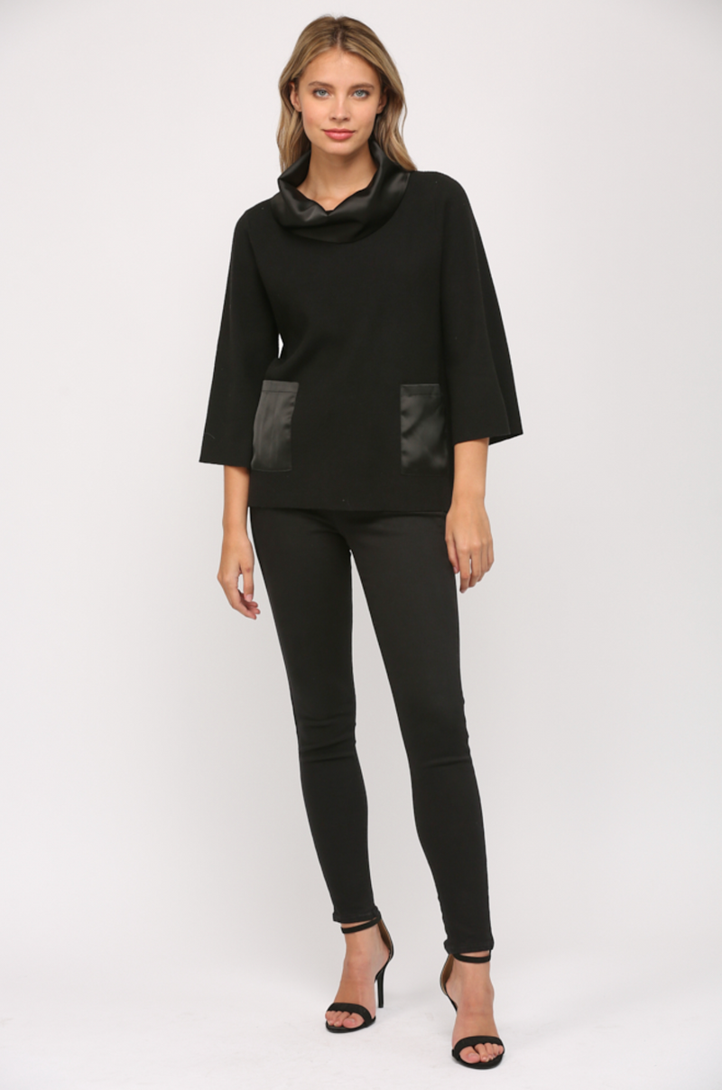 CONTRAST SATIN COWL NECK BELL SLV SWEATER