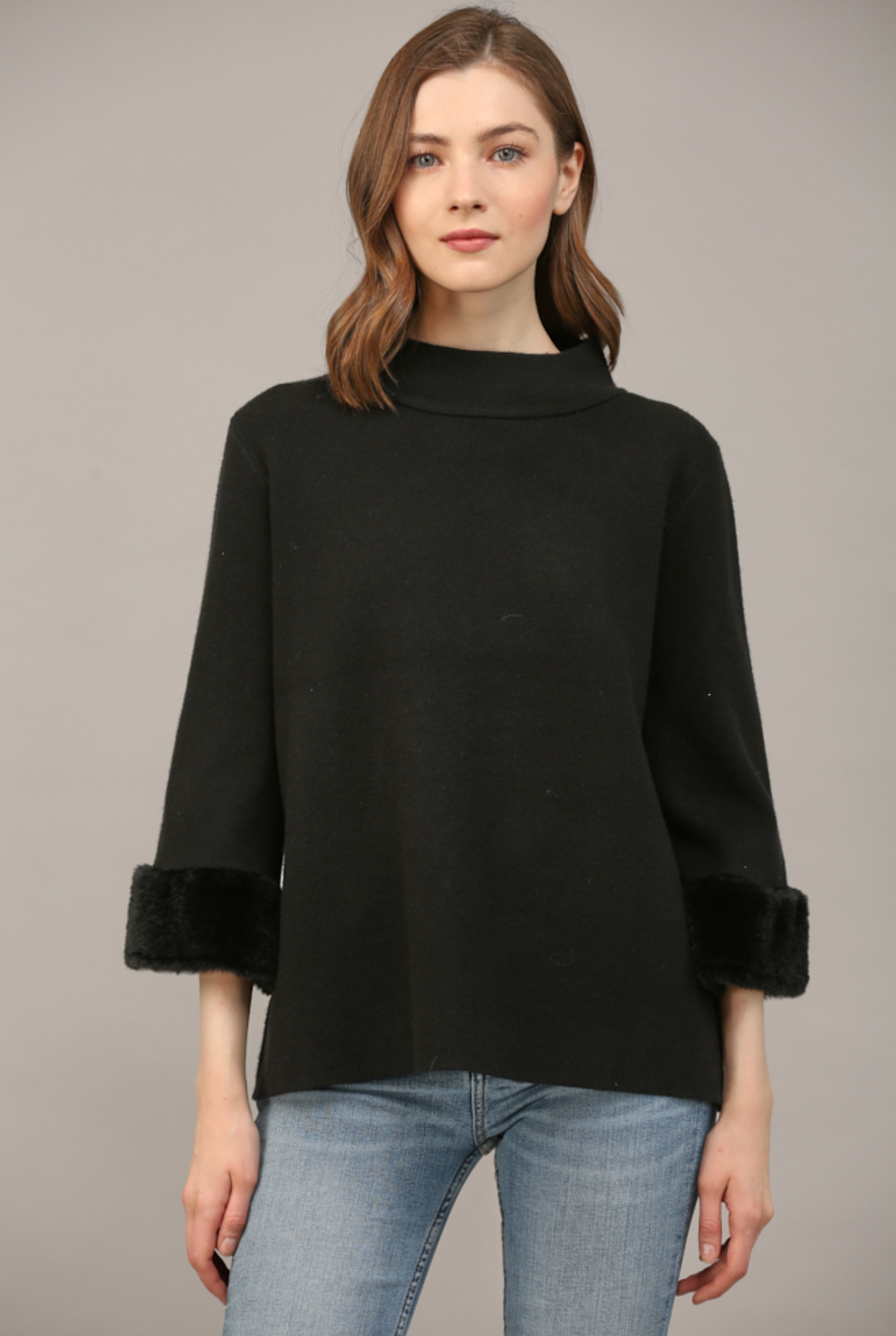 FUR SLV DETAIL MOCK NECK SWEATER