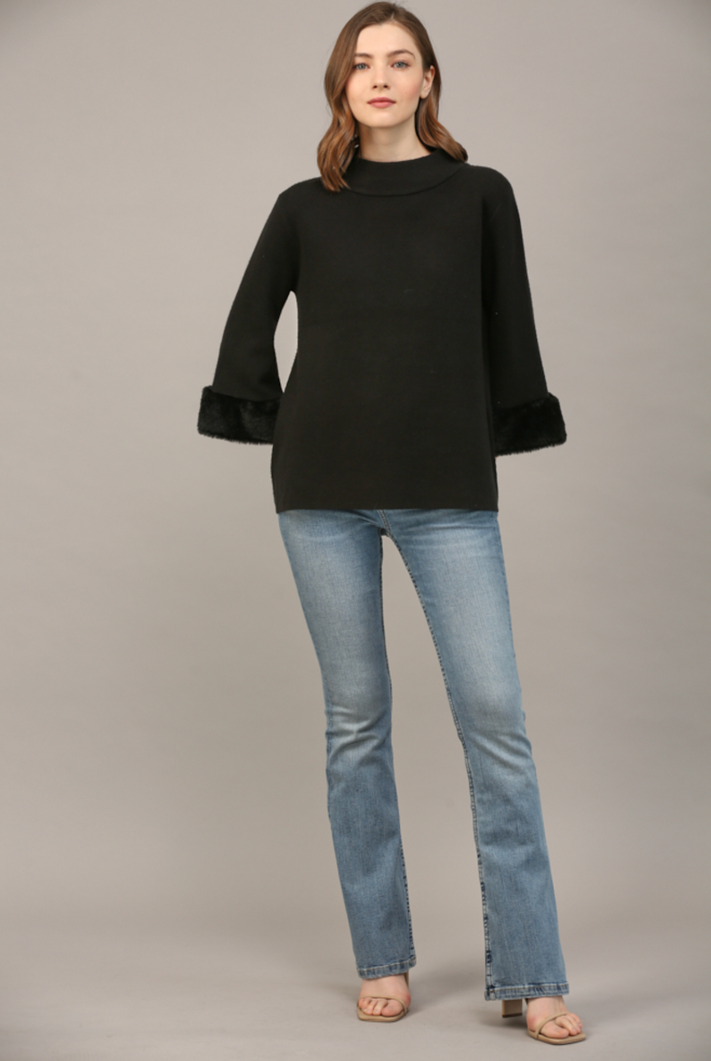 FUR SLV DETAIL MOCK NECK SWEATER