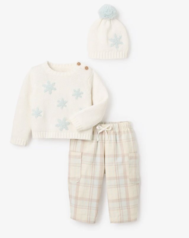 Snowflake Sweater Pant Set & Pom Hat 3-6 Mos.