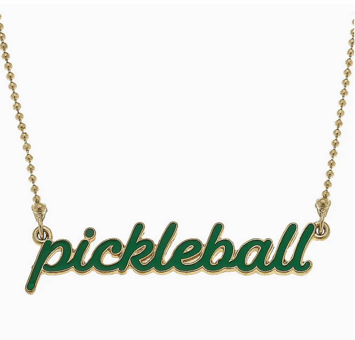 Ellie Pickleball Enamel Script Necklace in Green