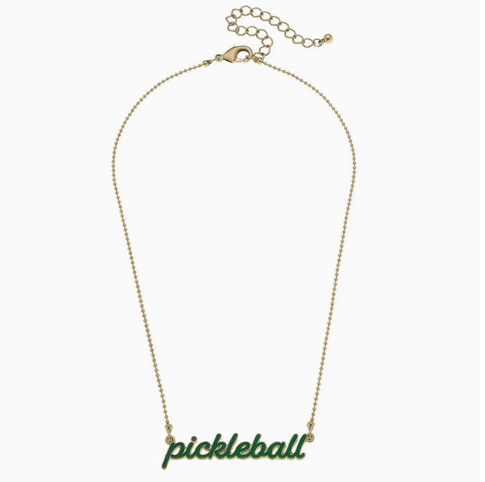 Ellie Pickleball Enamel Script Necklace in Green