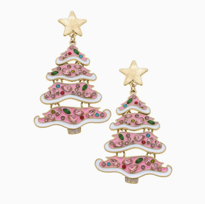 Jeweled Enamel Christmas Tree Statement Earrings in Pink