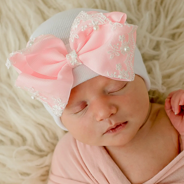 White w/ Pink Bow-Pearl Trimmed Bow Hat 0-3 Mos.