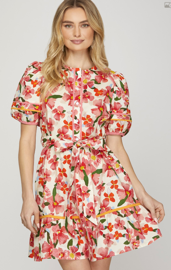 PUFF SHORT SLEEVE WOVEN PRINT WAIST TIE DRESS