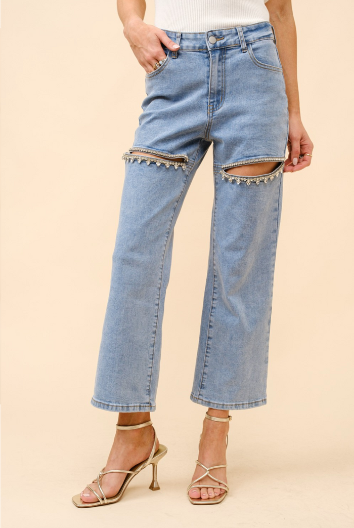 Mid Rise Crystal Slit Bottom Denim Jeans