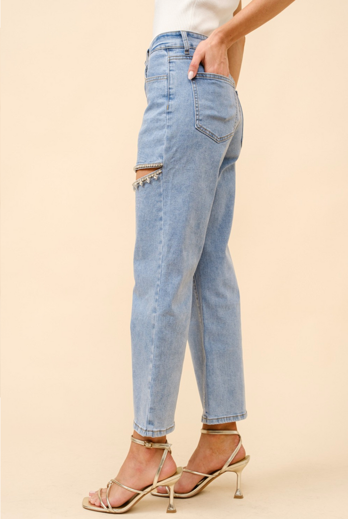 Mid Rise Crystal Slit Bottom Denim Jeans