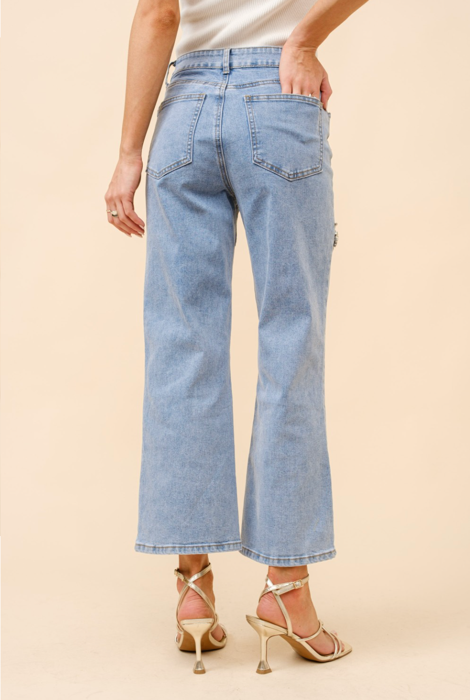 Mid Rise Crystal Slit Bottom Denim Jeans