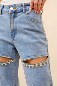 Mid Rise Crystal Slit Bottom Denim Jeans