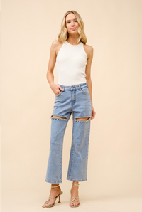 Mid Rise Crystal Slit Bottom Denim Jeans