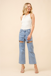 Mid Rise Crystal Slit Bottom Denim Jeans