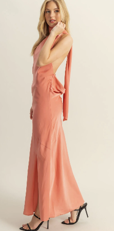 Curve Hugging Satin Halter Maxi Dress