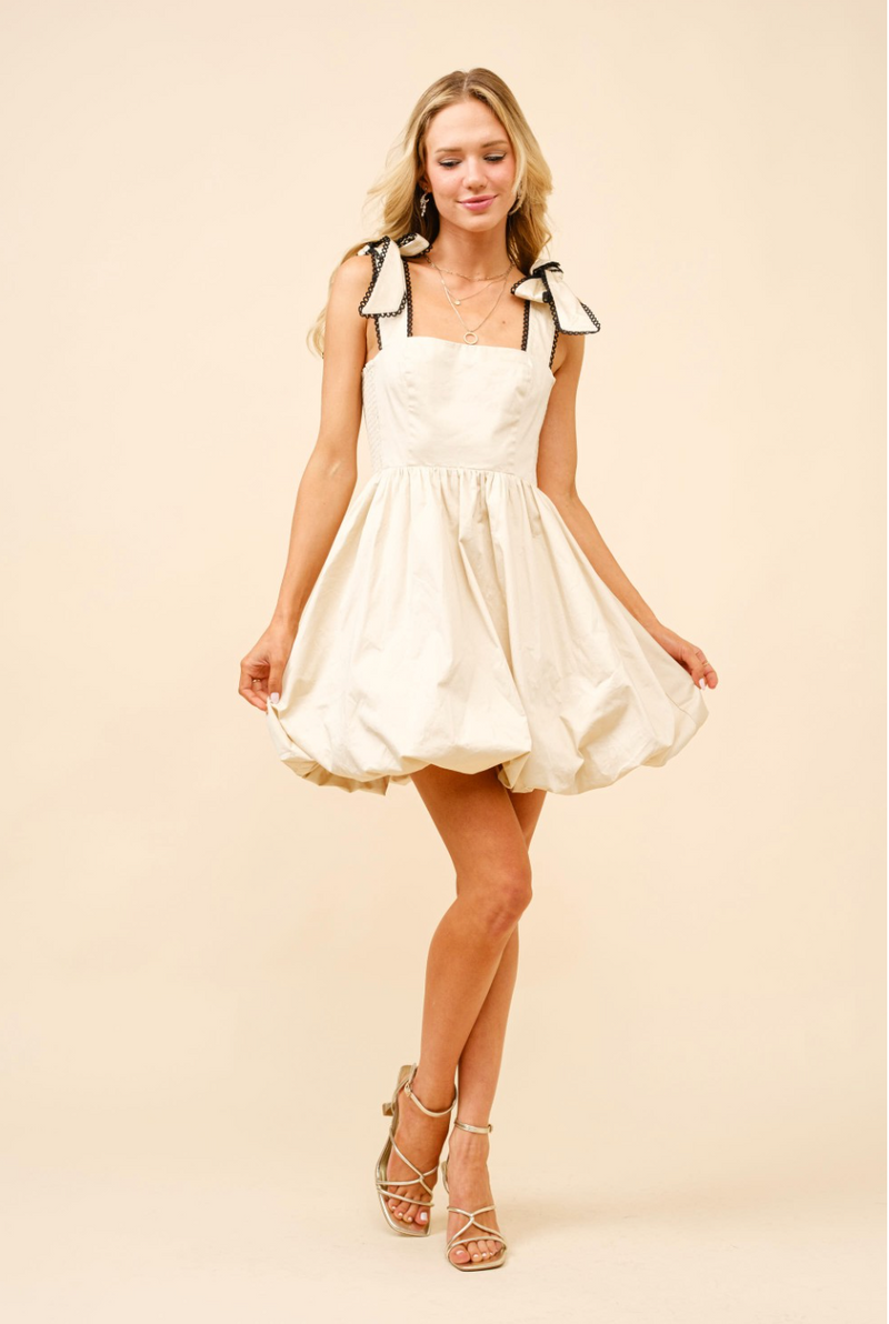 Puff Sleeve Ribbon Tie Mini Dress