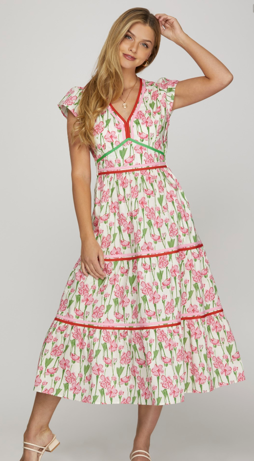 FLORAL PRINT POPLIN WOVEN TIERED DRESS