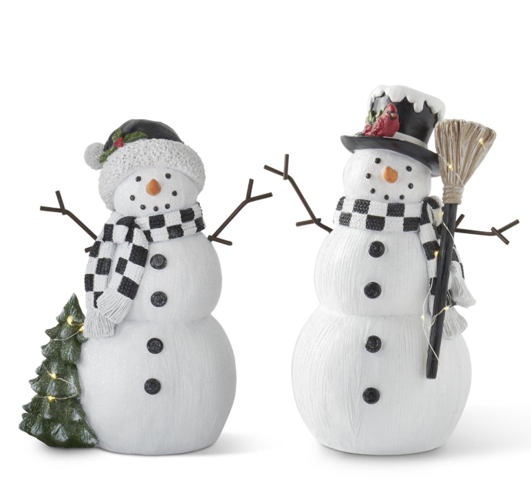 Set of 2 Resin White Glittered Woodgrain LED Musical Snowmen w/Timers