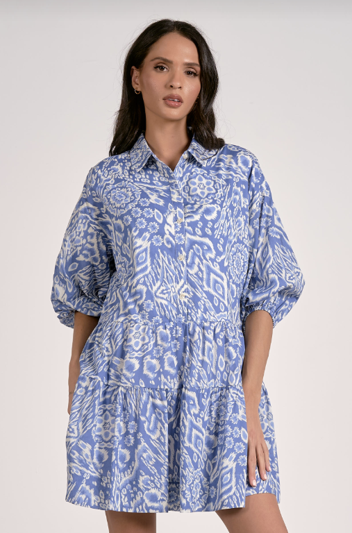 3/4 Sleeve Collared Blue Acorn Print Dress