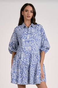 3/4 Sleeve Collared Blue Acorn Print Dress
