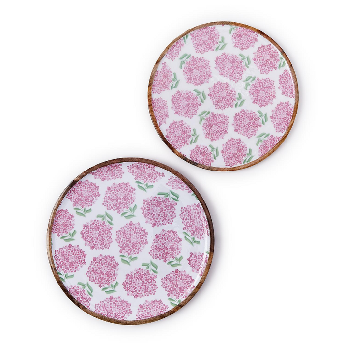 S/2 Pink Hydrangea Hand-Crafted Wood Round Tray