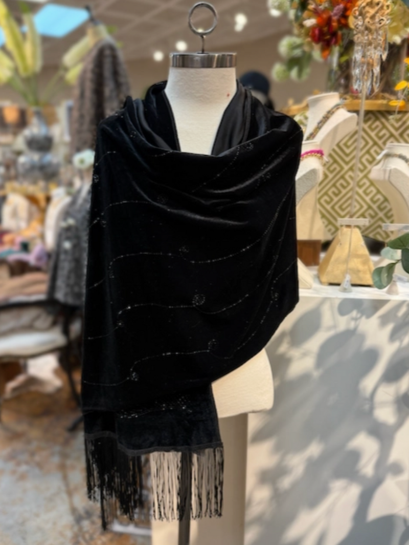 Night Symphony Beaded Embellishment Velvet Scarf Wrap