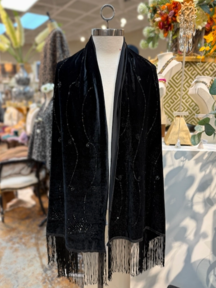 Night Symphony Beaded Embellishment Velvet Scarf Wrap