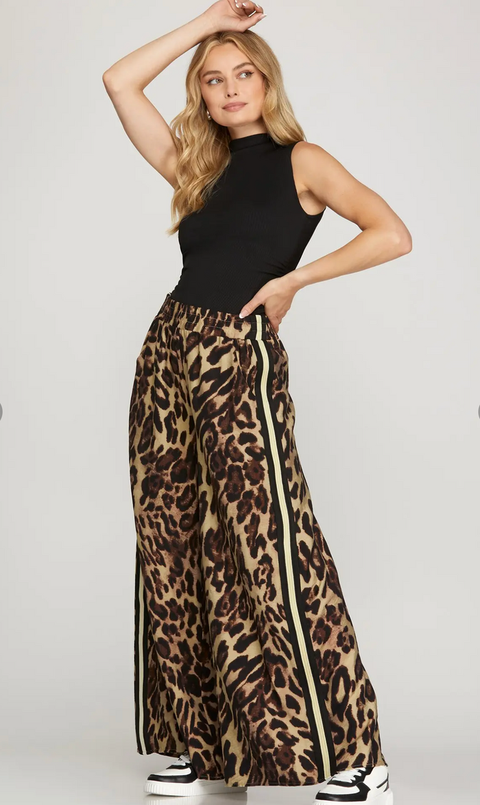 Wide Leg Leopard Print Woven Pants