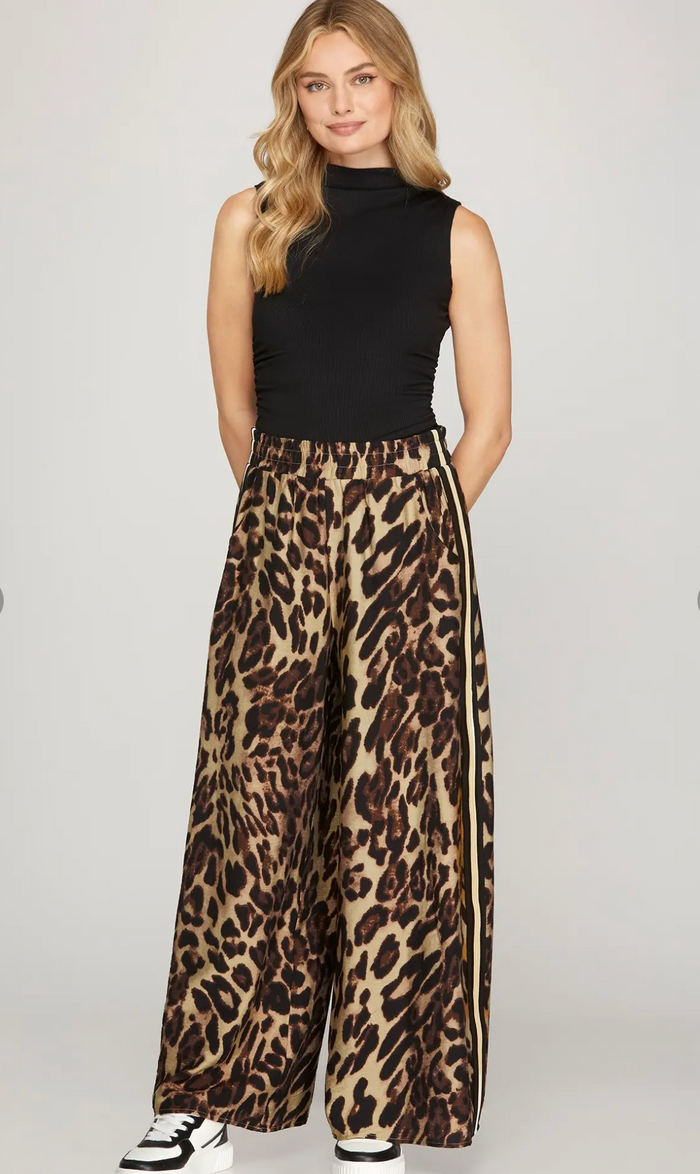 Wide Leg Leopard Print Woven Pants