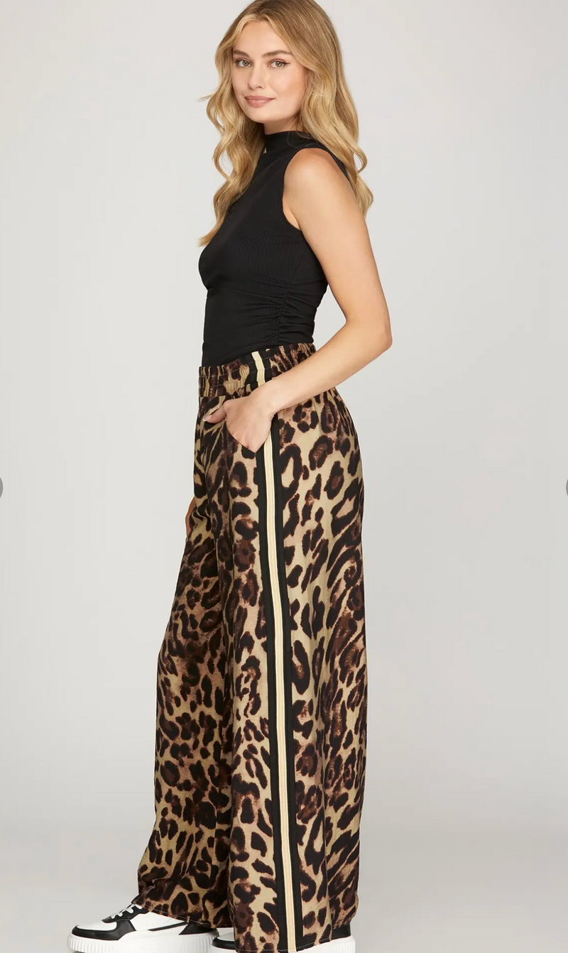 Wide Leg Leopard Print Woven Pants