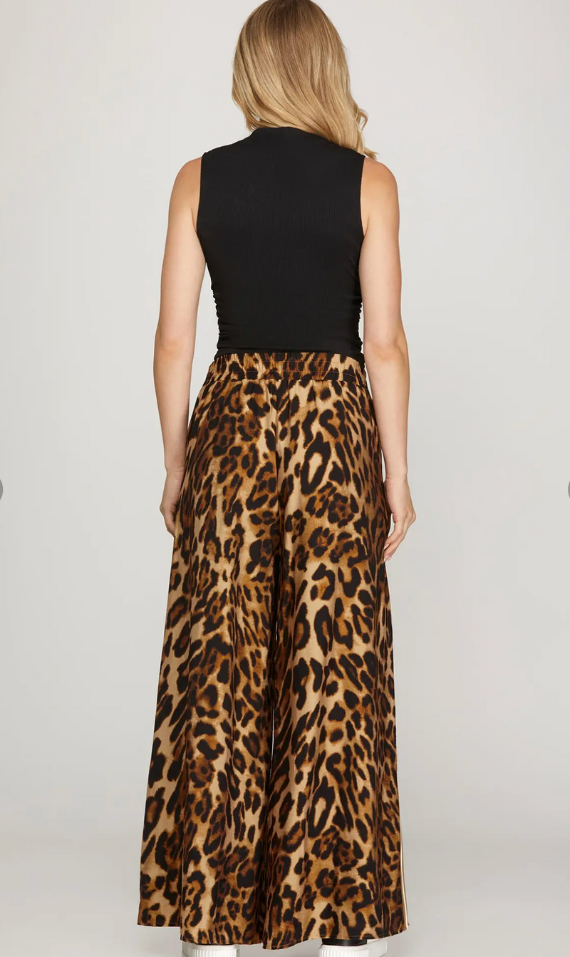 Wide Leg Leopard Print Woven Pants