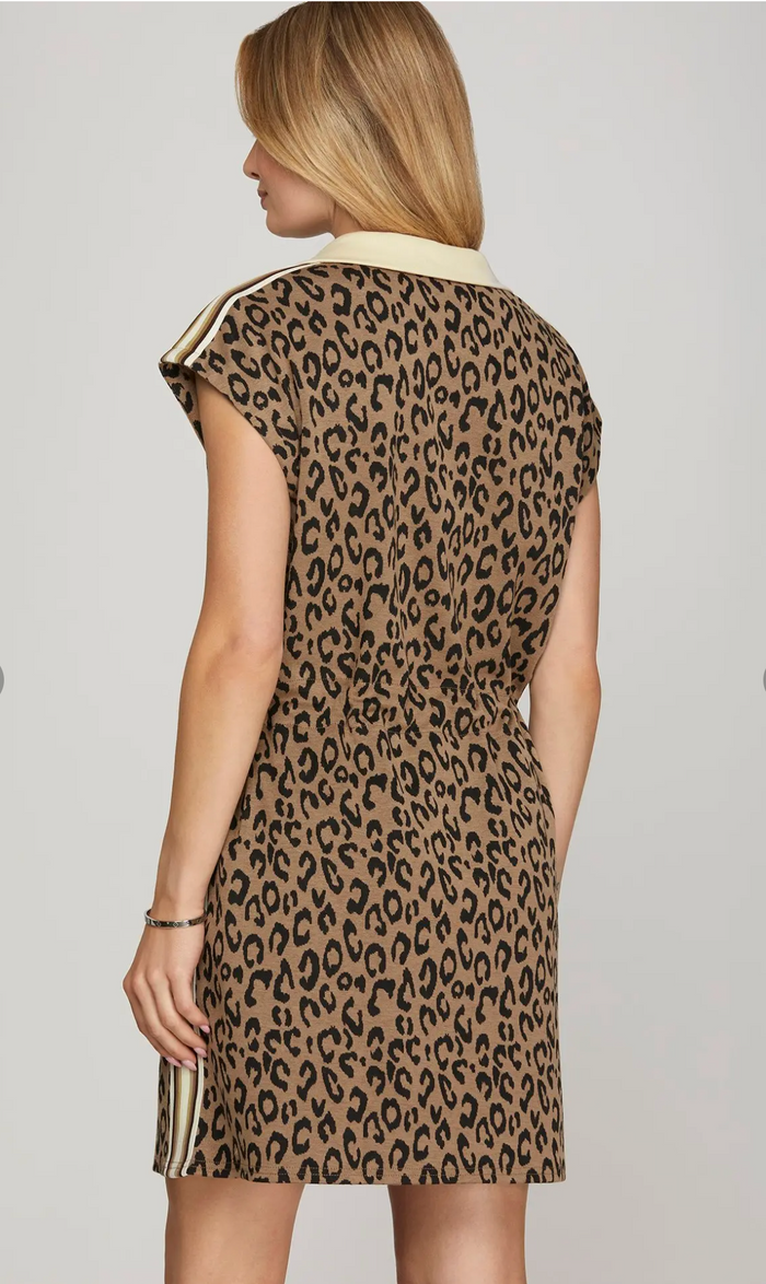 Short Sleeve 1/2 Zip Leopard Print Knit Mini Dress