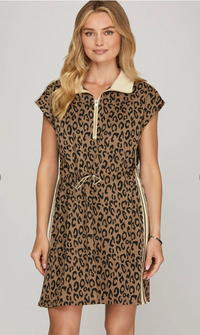 Short Sleeve 1/2 Zip Leopard Print Knit Mini Dress