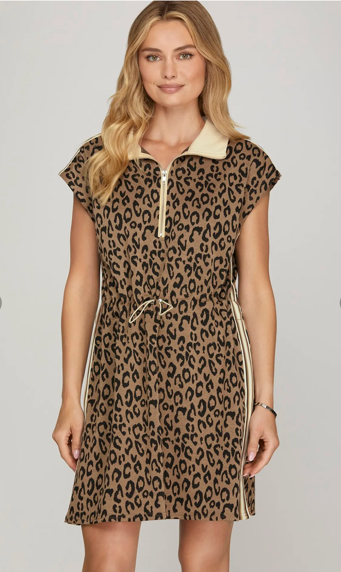 Short Sleeve 1/2 Zip Leopard Print Knit Mini Dress
