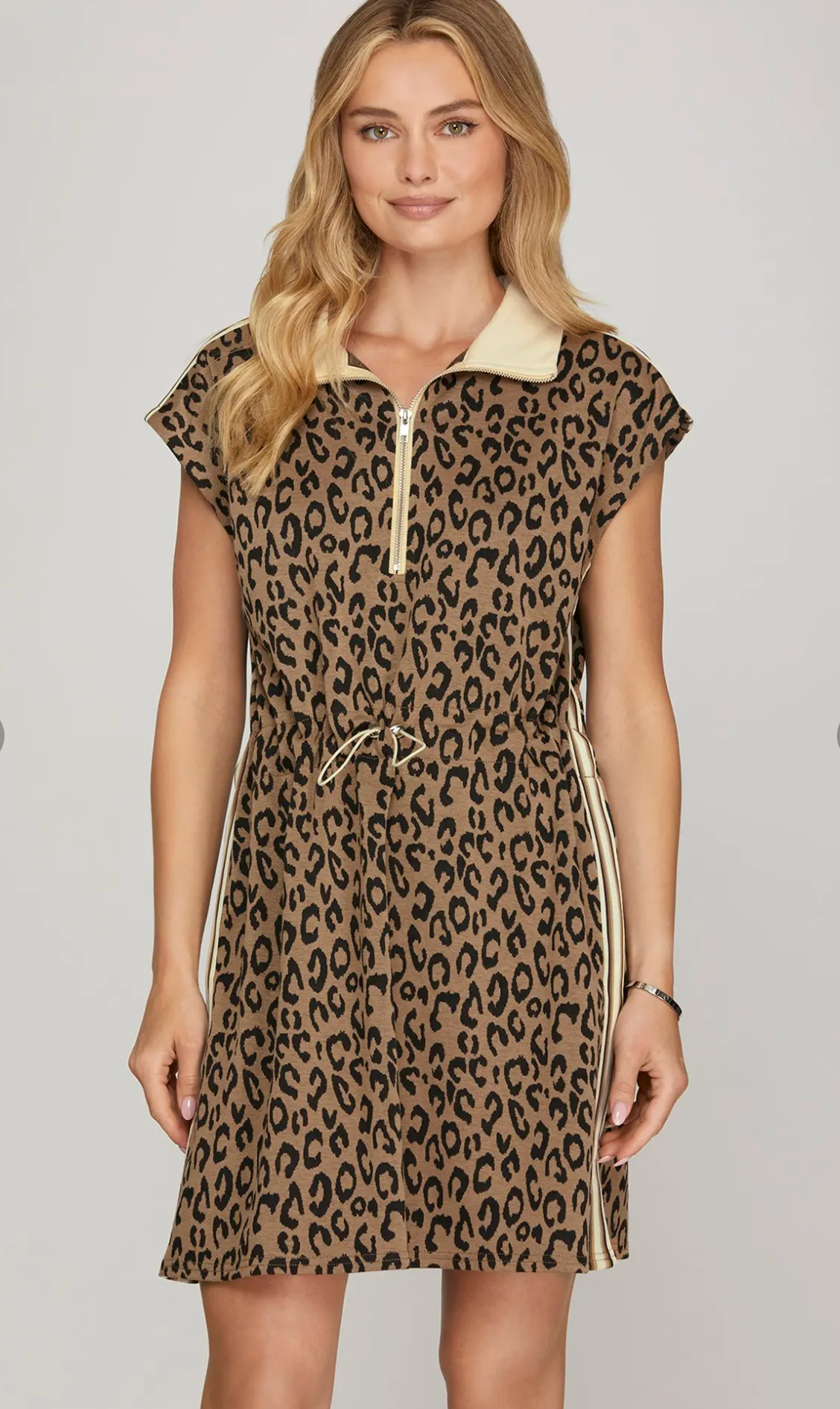 Short Sleeve 1/2 Zip Leopard Print Knit Mini Dress