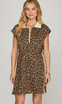 Short Sleeve 1/2 Zip Leopard Print Knit Mini Dress