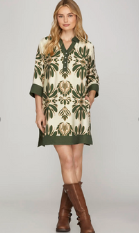 1/2 SLEEVE PRINTED MINI DRESS W/POCKETS