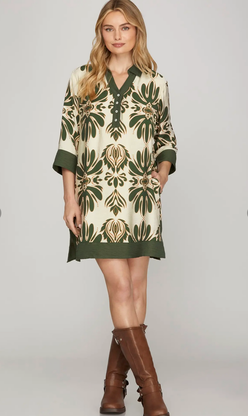 1/2 SLEEVE PRINTED MINI DRESS W/POCKETS