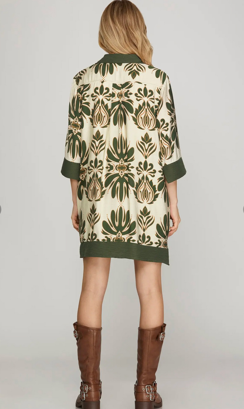 1/2 SLEEVE PRINTED MINI DRESS W/POCKETS