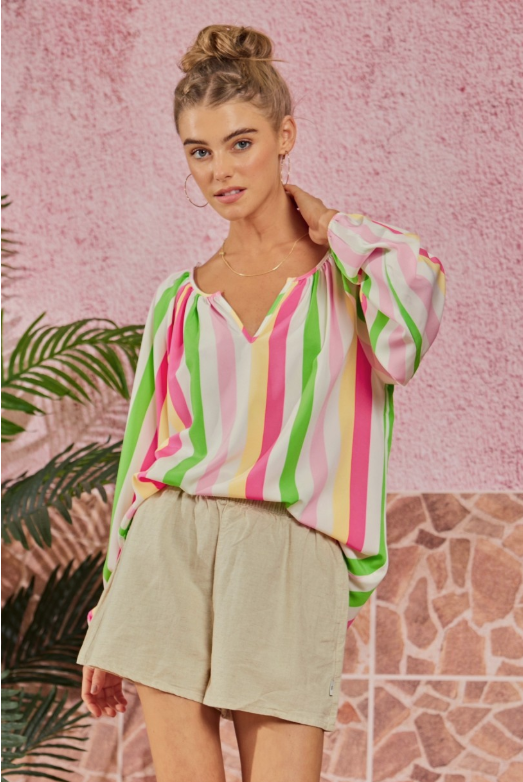 Lightweight Non Sheer Multicolored Striped Tunic Blouse