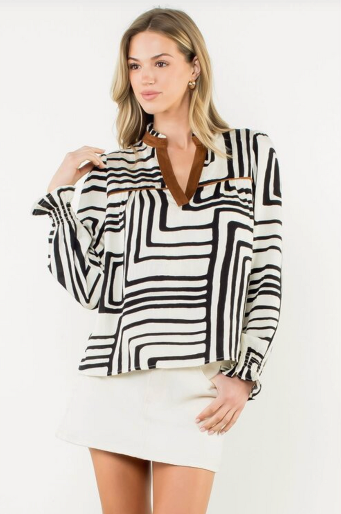 Abstract Pring Long Sleeve V-Neck