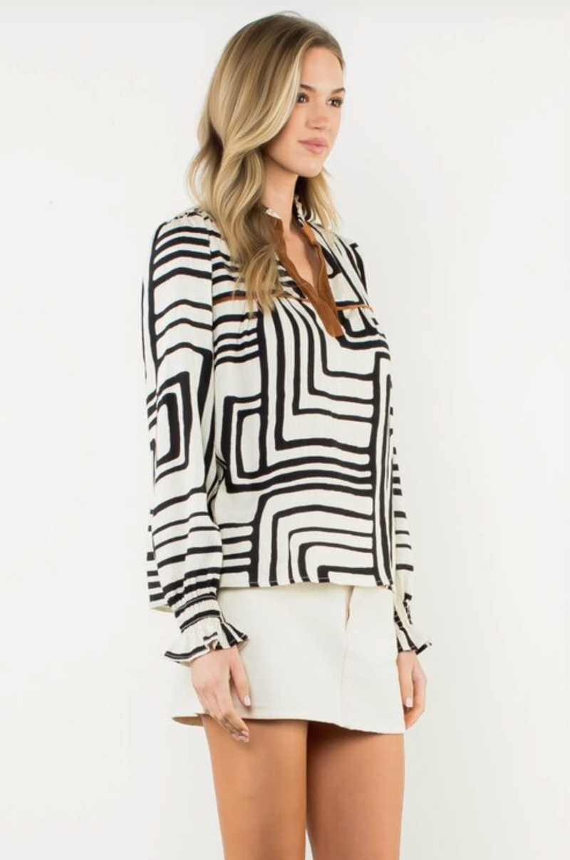 Abstract Pring Long Sleeve V-Neck