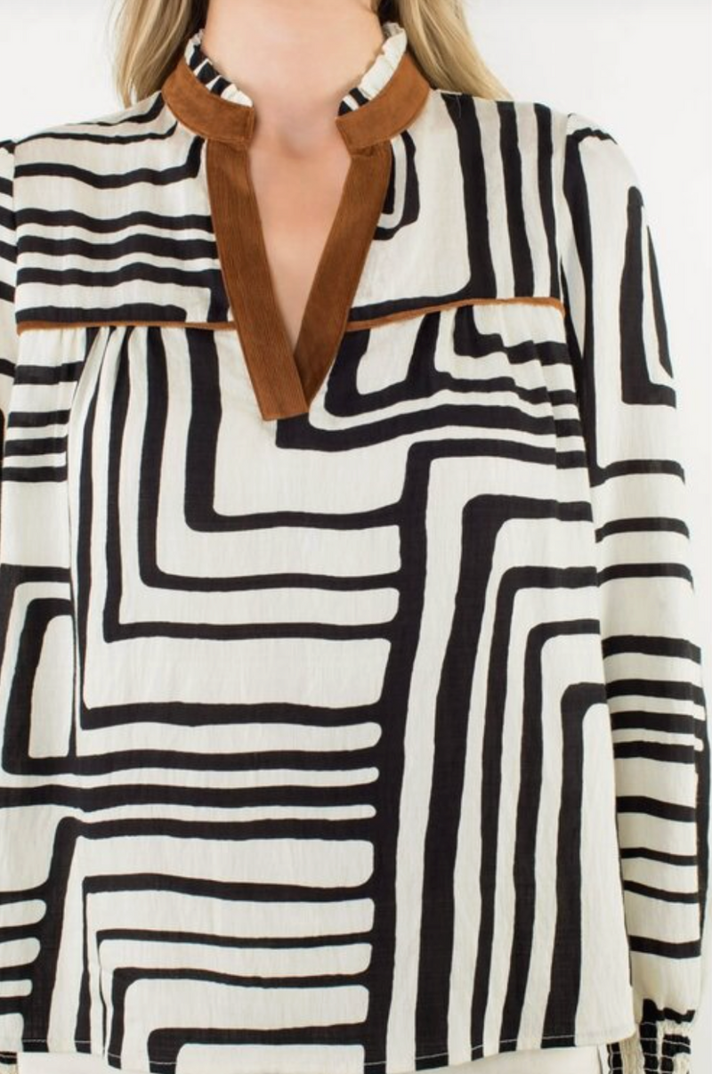 Abstract Pring Long Sleeve V-Neck