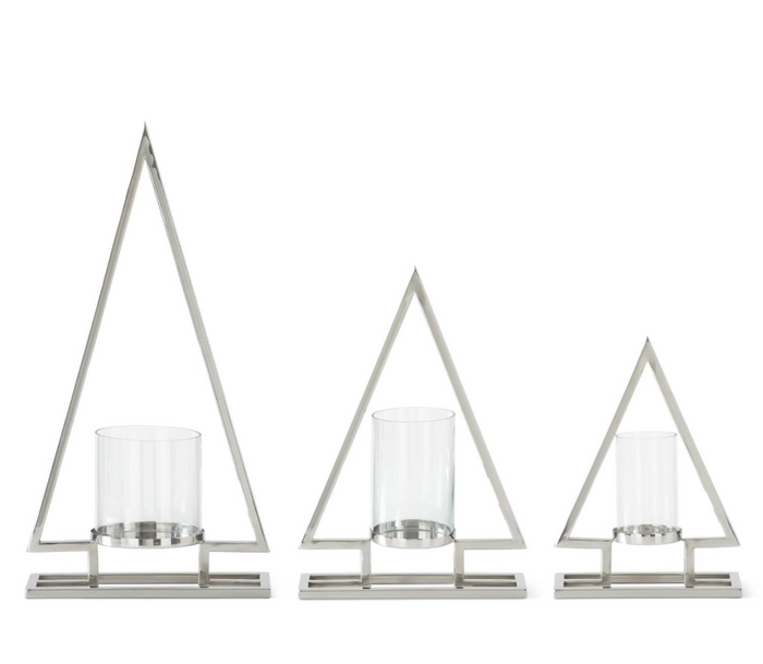 Set of 3 Silver Tree Candleholders w/Glass Hurricane