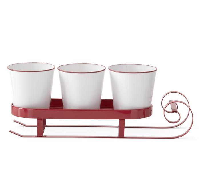 19 Inch Red Metal Sleigh w/Three White Containers