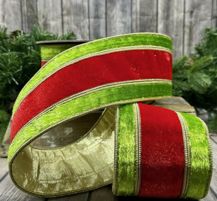 4" x 10yds ice velvet red center, lime green