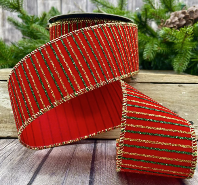 2.5" x 10yds velvet green gold thin stripes, red