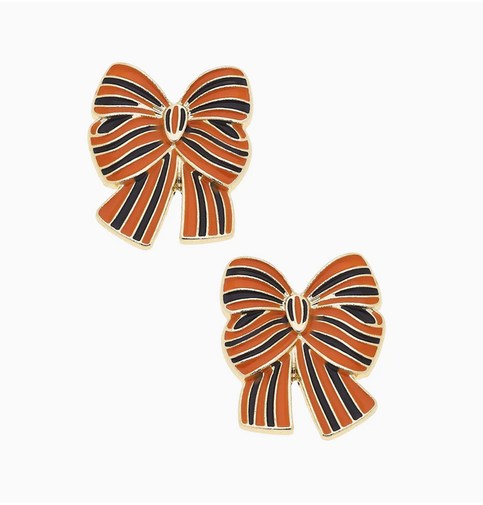 Halloween Striped Bow Stud Earrings in Orange & Black