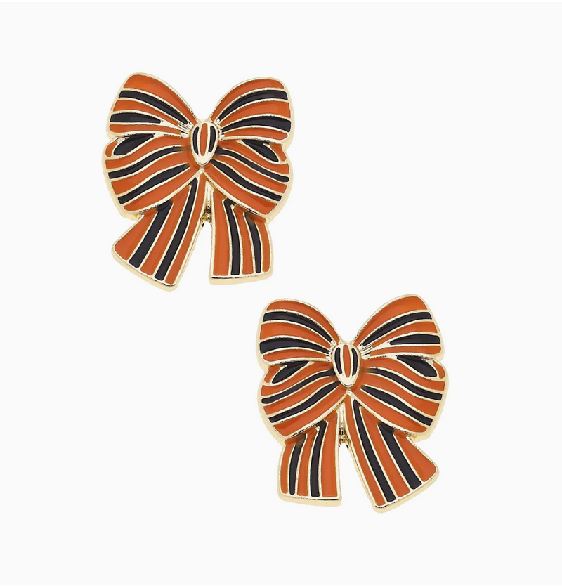 Halloween Striped Bow Stud Earrings in Orange & Black