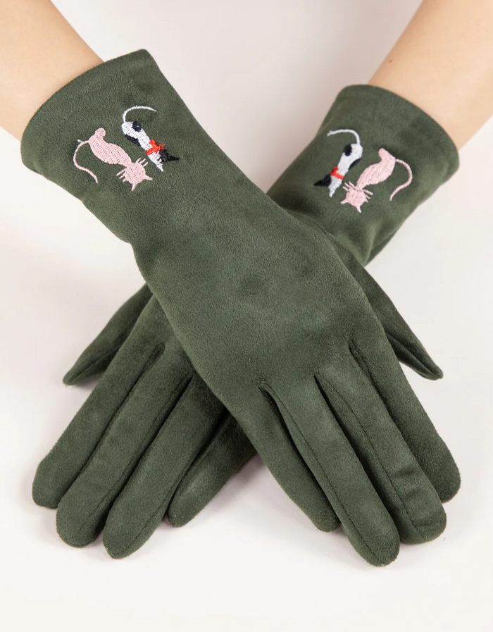 Faux Suede Cat Embroidered Gloves