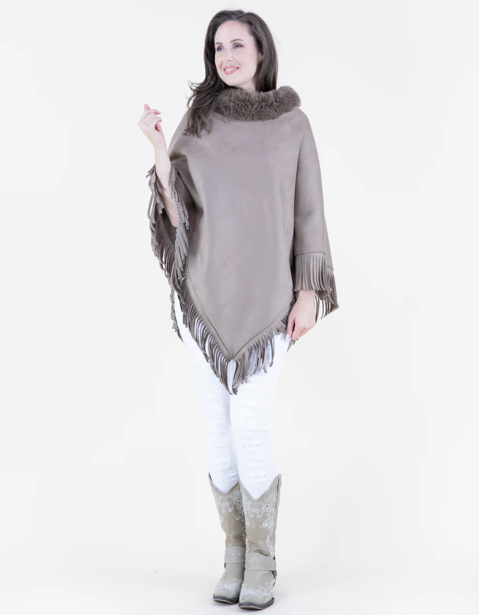 Vegan Suede & Fur Trim Poncho w/Fringe