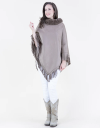 Vegan Suede & Fur Trim Poncho w/Fringe