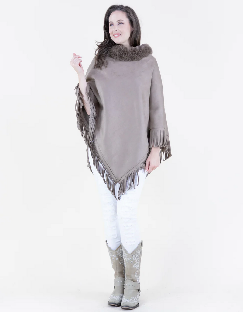 Vegan Suede & Fur Trim Poncho w/Fringe